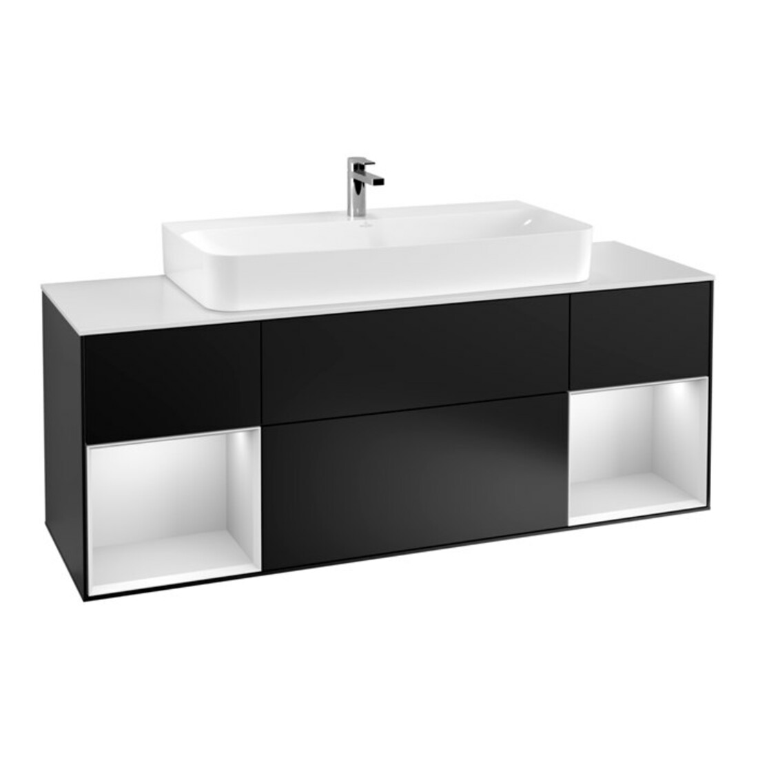 V&B Meuble sous lavabo Finion 160 cm, éclairage mural, laqué blanc, noir mat