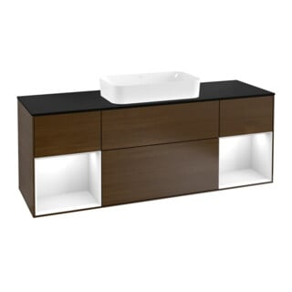 V&B Meuble sous lavabo Finion 160 cm, éclairage mural, laque blanc, noyer veneer