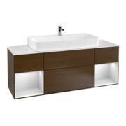 V&B Meuble sous-lavabo Finion 160 cm, éclairage mural, laqué blanc, placage noyer