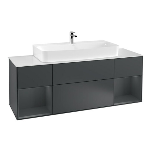 V&B Meuble sous lavabo Finion 160 cm, éclairage mural, laque mate blanche et bleue