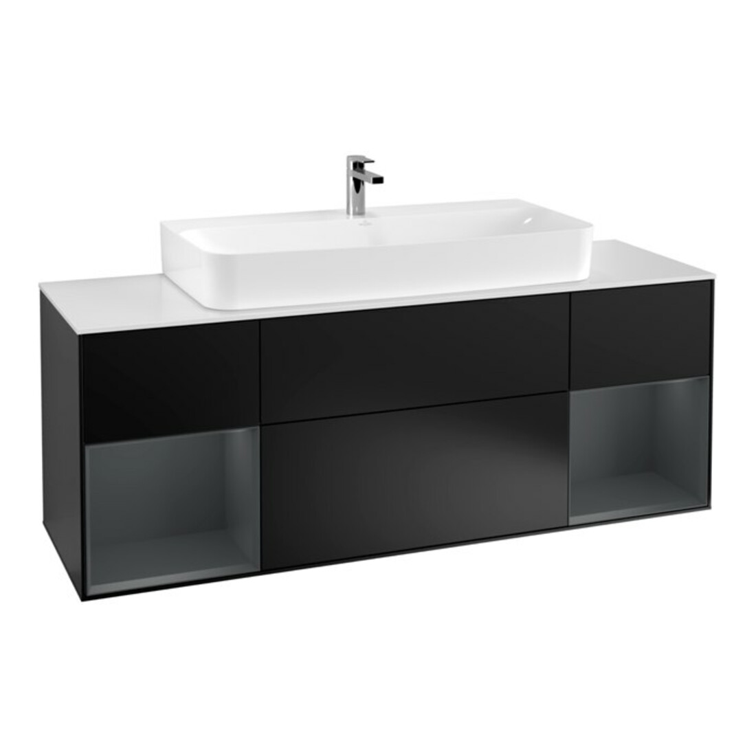 V&B Meuble sous lavabo Finion 160 cm, éclairage mural, laque noire mate