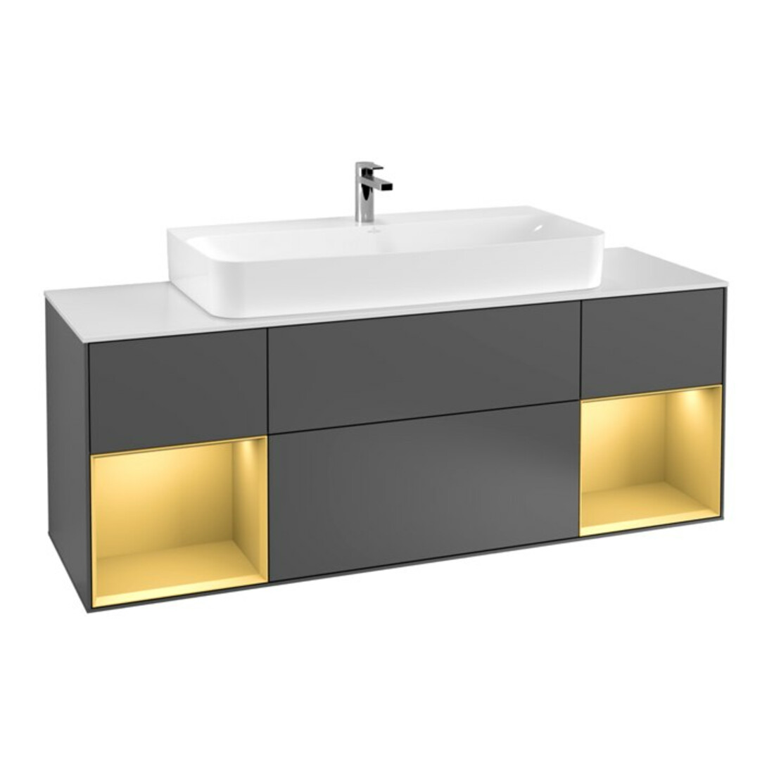 V&B Meuble sous lavabo Finion 160 cm, éclairage mural, laqué rég, anthracite mat