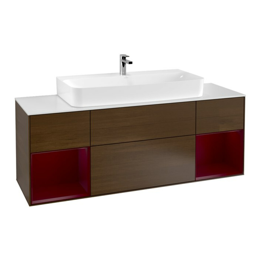 V&B Meuble sous lavabo Finion 160 cm, éclairage mural, laqué Reg Peo, placage noyer