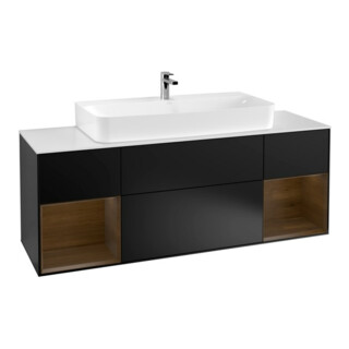 V&B Meuble sous lavabo Finion 160 cm, éclairage mural, noyer naturel, laque mate noire