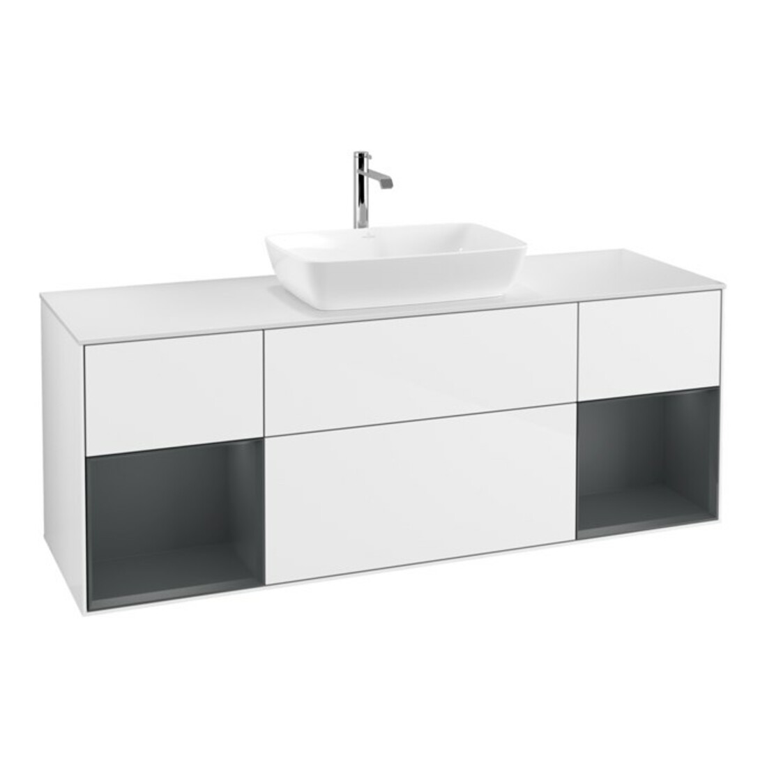 V&B Meuble sous lavabo Finion 160 cm, éclairage mural, placage bois, laqué blanc brillant