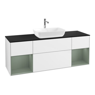 V&B Meuble sous lavabo Finion 160 cm, éclairage mural, placage bois, laqué blanc brillant