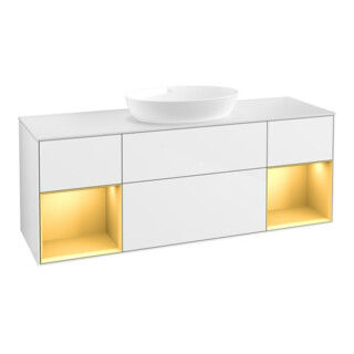 V&B Meuble sous-lavabo Finion 160 cm, éclairage mural, placage bois m, laque or m, laque blanc brillant