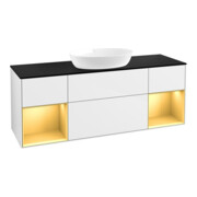 V&B Meuble sous lavabo Finion 160 cm, éclairage mural, placage bois m, or rg m, blanc brillant Lac