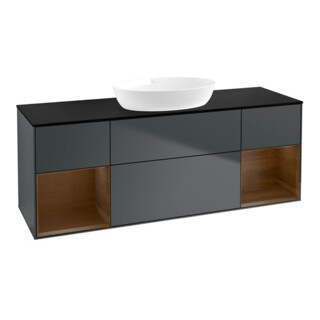 V&B Meuble sous lavabo Finion 160 cm, éclairage mural, placage bois, miroir bois verni, bleu mat avec laque