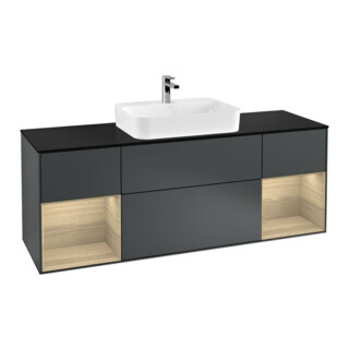 V&B Meuble sous lavabo Finion 160 cm, éclairage mural, placage bois, réglette, méd. bleu mat laqué
