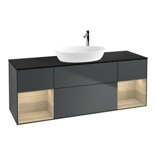 V&B Meuble sous lavabo Finion 160 cm, éclairage mural, placage bois, régulateur Oa ven, finition mate bleue avec laque