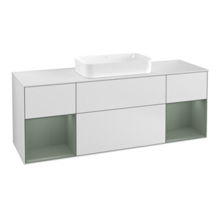 V&B Meuble sous lavabo Finion 160 cm, éclairage mural, placage chêne huilé, blanc laqué