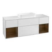 V&B Meuble sous lavabo Finion 160 cm, éclairage mural, placage noyer, blanc mat laqué