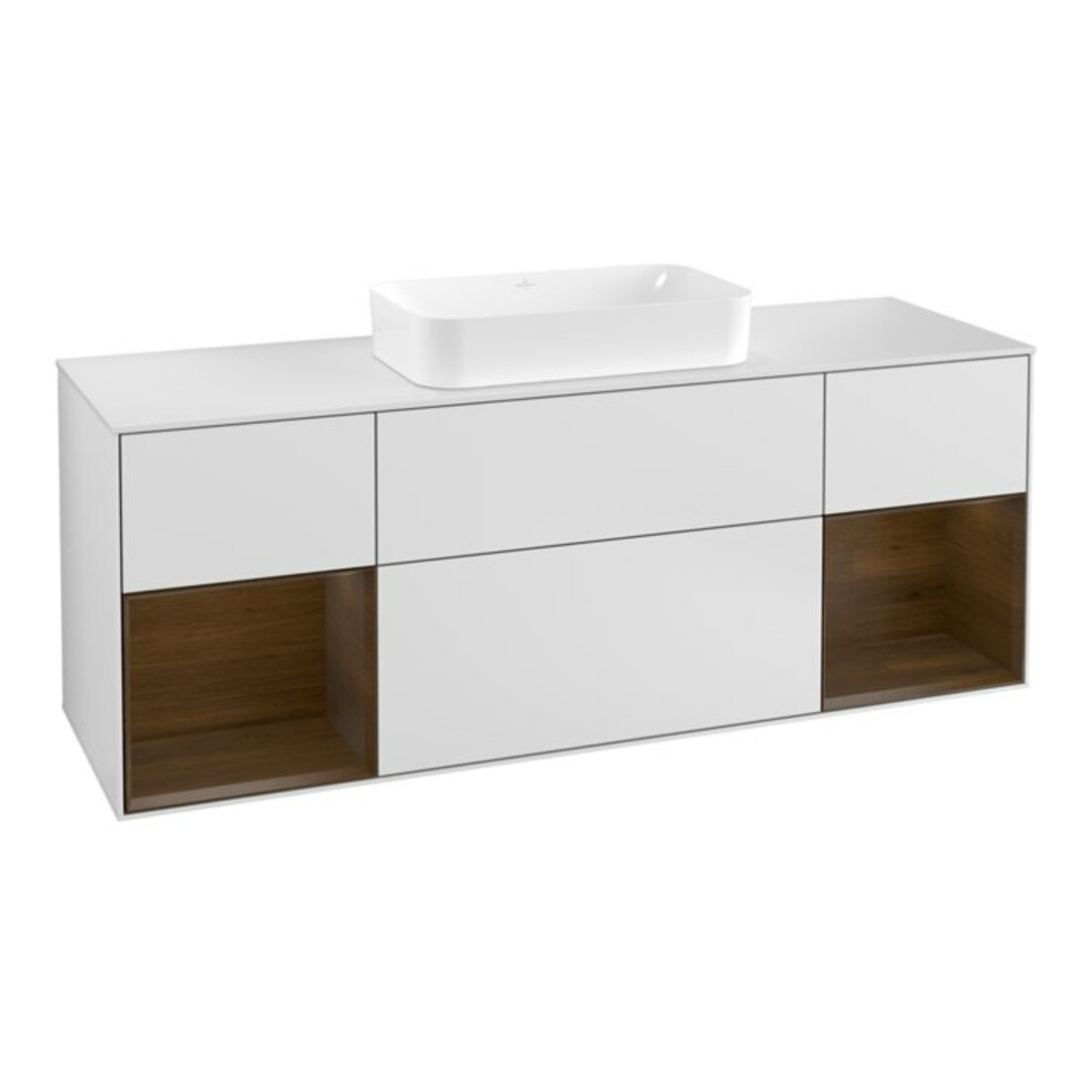 V&B Meuble sous lavabo Finion 160 cm, éclairage mural, placage noyer, blanc mat laqué