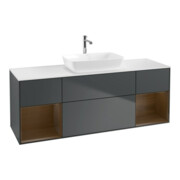 V&B Meuble sous lavabo Finion 160 cm, éclairage mural, placage noyer, bleu mat avec laque
