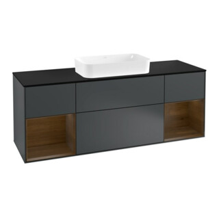 V&B Meuble sous lavabo Finion 160 cm, éclairage mural, placage noyer, bleu mat avec laque