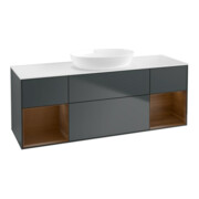 V&B Meuble sous-lavabo Finion 160 cm, éclairage mural, placage noyer, bleu moyen mat avec laque