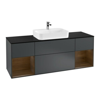V&B Meuble sous lavabo Finion 160 cm, éclairage mural, placage noyer, façade bleu mat laqué