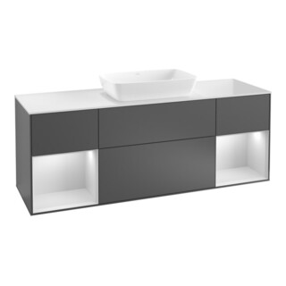 V&B Meuble sous lavabo Finion 160 cm, éclairage mural, placage noyer, gris mat Lac