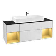 V&B Meuble sous lavabo Finion 160 cm, éclairage mural, placage noyer, laqué blanc