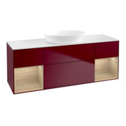 V&B Meuble sous lavabo Finion 160 cm, éclairage mural, plan de travail blanc, étagère ouverte, poignée métal