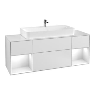 V&B Meuble sous lavabo Finion 160 cm, éclairage mural, Reg glo blanc laqué mat