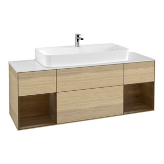 V&B Meuble sous-lavabo Finion 160 cm, étagère placage noyer, placage chêne, éclairage mural