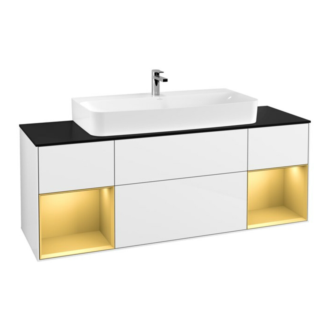 V&B Meuble sous lavabo Finion 160 cm, Pl b m, Rg doré m Lac, blanc brillant Lac