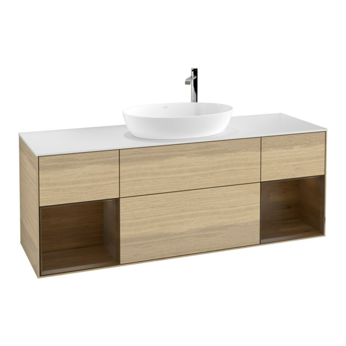 V&B Meuble sous lavabo Finion 160 cm, Pl blanc mat, Reg bois noyer, Oa noyer