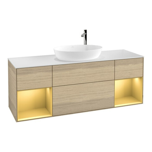 V&B Meuble sous lavabo Finion 160 cm, Pl blanc mat, réglette or mat, Oa ven