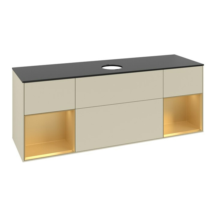 V&B Meuble sous lavabo Finion 160 cm, Pl blanc mat, Rg doré mat Lac, si Gris mat Lac