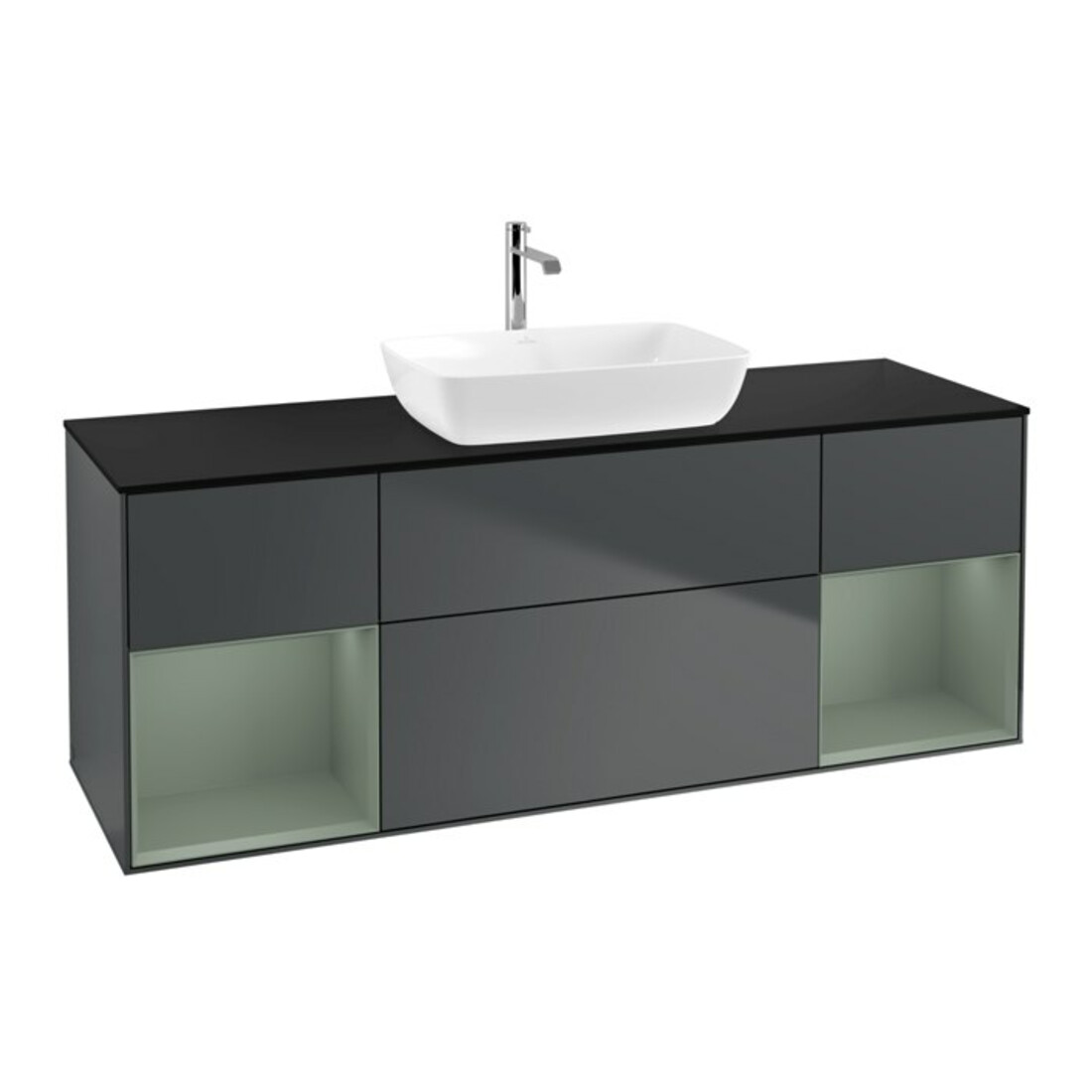 V&B Meuble sous lavabo Finion 160 cm, Pl blanc mat, Rg olivier mat laqué, md bleu mat laqué