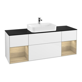 V&B Meuble sous lavabo Finion 160 cm, Pl bleu, Étagère Oa ven, blanc brillant