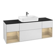 V&B Meuble sous-lavabo Finion 160 cm, Pl bleu, étagère ouverte, blanc laqué, éclairage mural