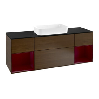 V&B Meuble sous lavabo Finion 160 cm, Pl bleu, Étagère Peo laquée, noyer veinée