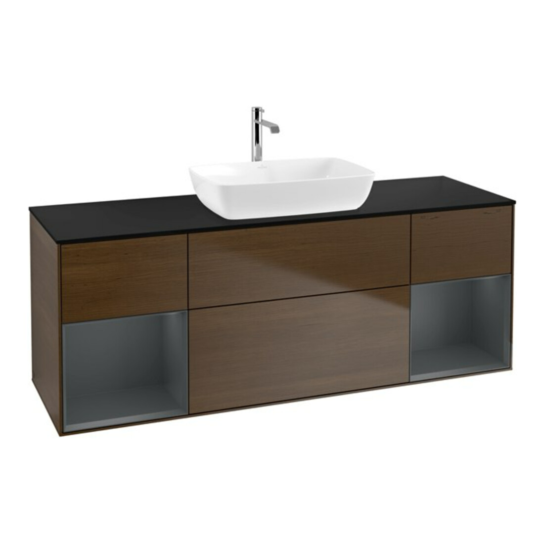 V&B Meuble sous lavabo Finion 160 cm, Pl bleu m, Étag md m Lac, noyer ven