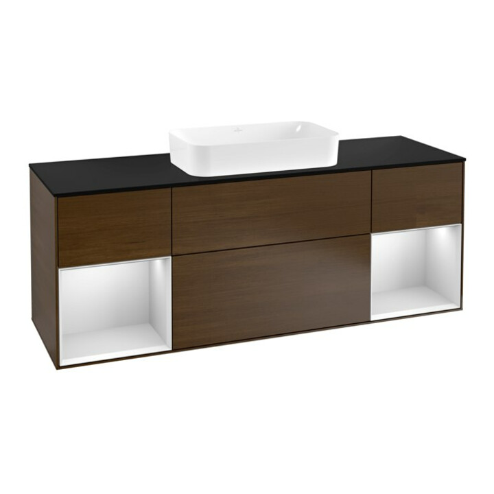 V&B Meuble sous lavabo Finion 160 cm, Pl bleu m, étagère bl. m Lac, noyer ven