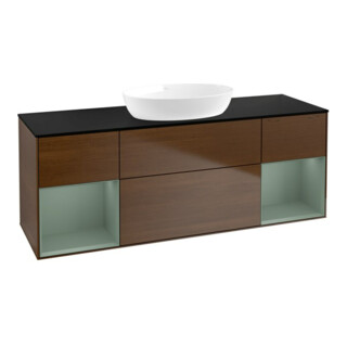 V&B Meuble sous lavabo Finion 160 cm, Pl bleu m, étagère Oli. m Lac, noyer ven