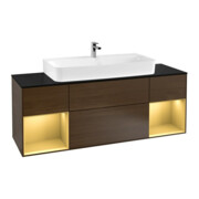 V&B Meuble sous lavabo Finion 160 cm, Pl bleu m, Étagère or m Lac, noyer ven