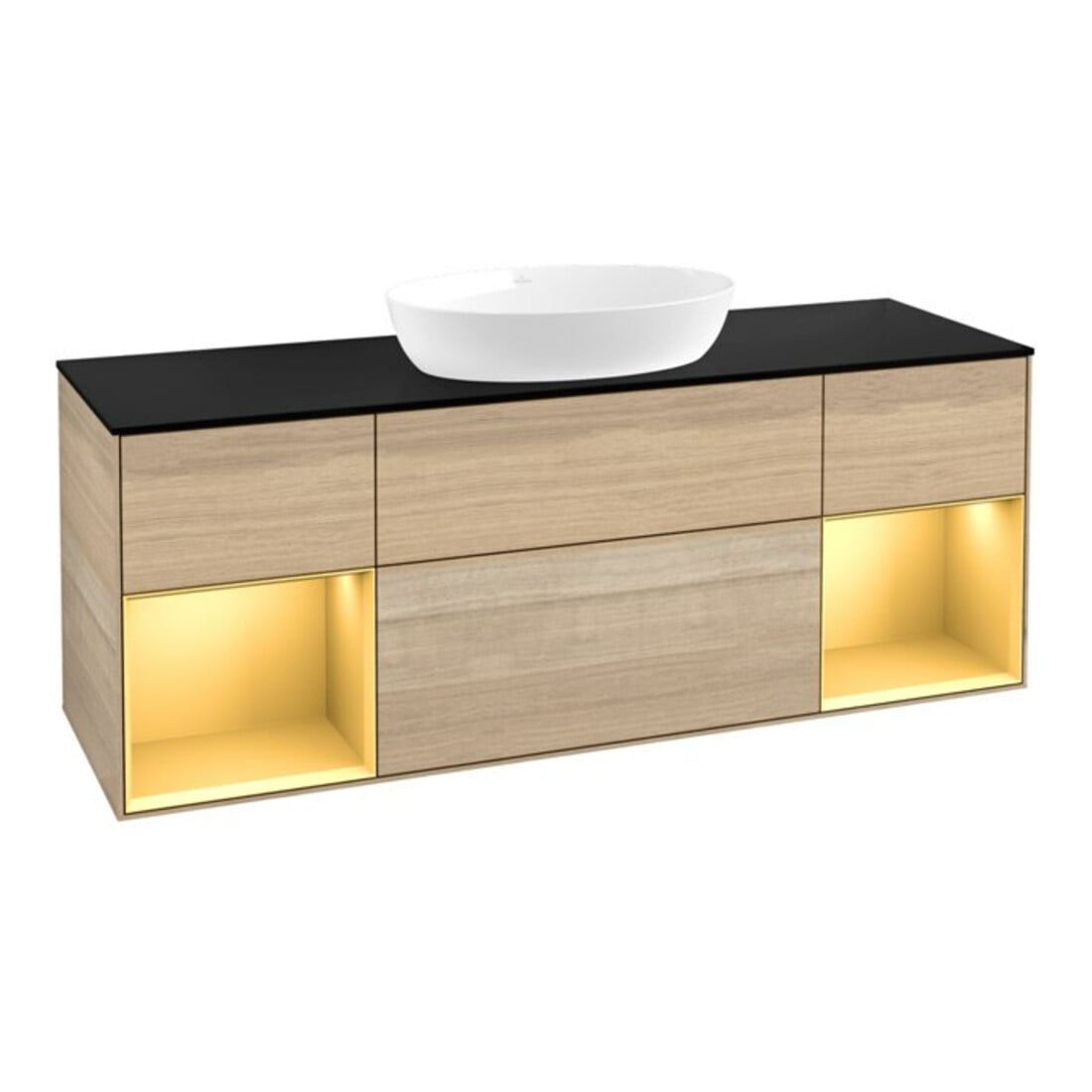 V&B Meuble sous lavabo Finion 160 cm, Pl bleu mat, Réglette or mat Lac, Oa ven