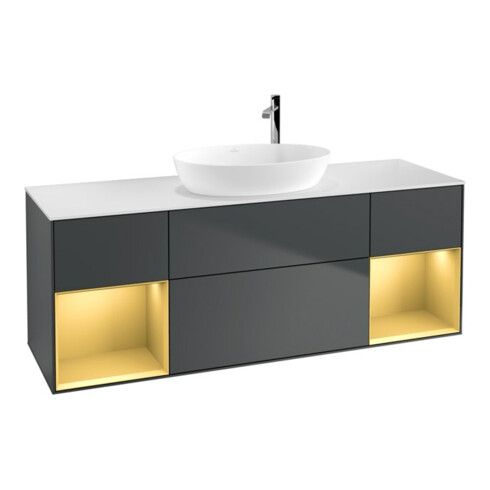 V&B Meuble sous lavabo Finion 160 cm, Pl w m, Rg g m Lac, éclairage mural, md bl. m Lac