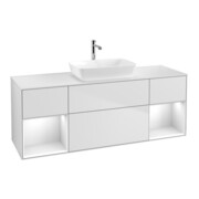 V&B Meuble sous lavabo Finion 160 cm, placage blanc mat, façade brillante blanche, laqué blanc