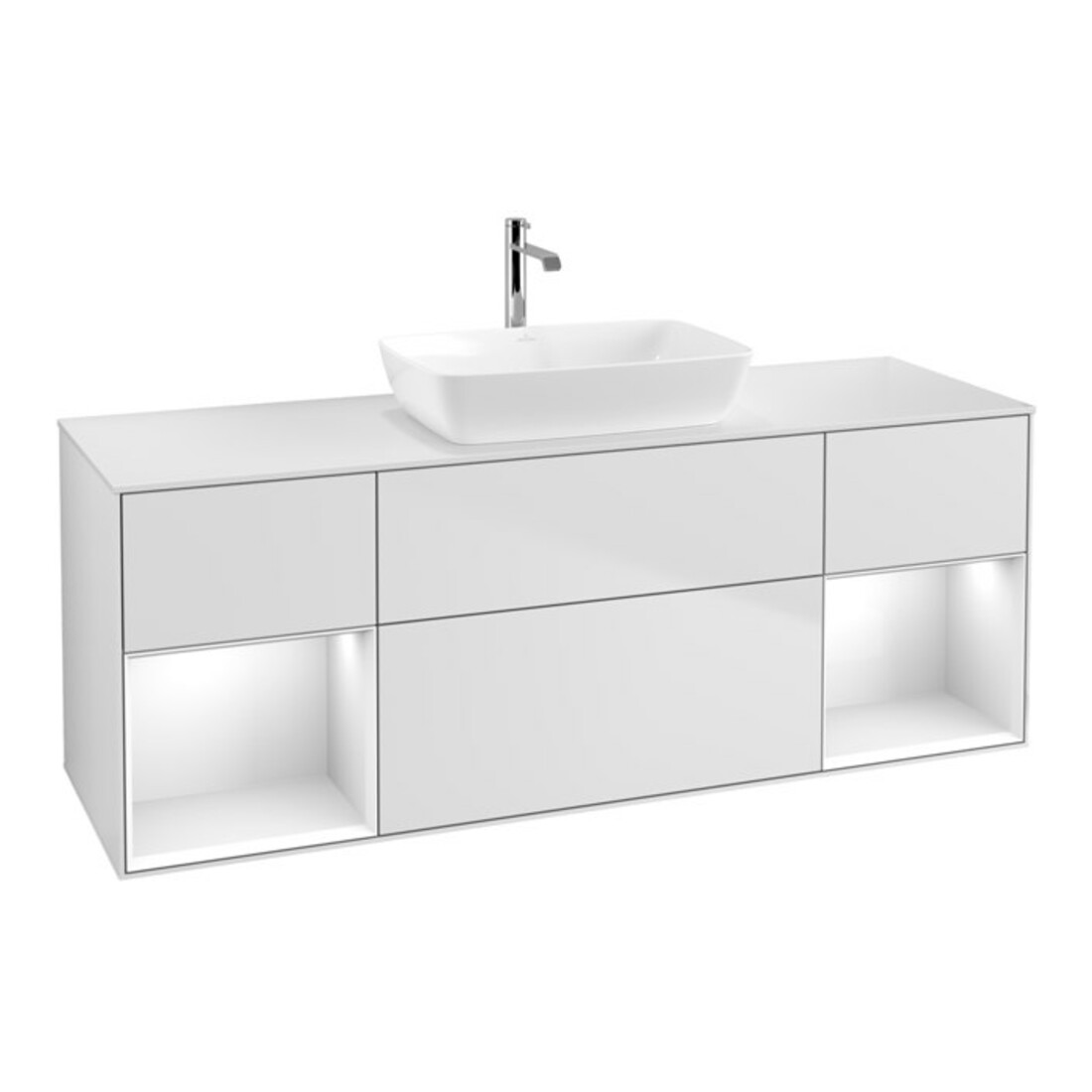 V&B Meuble sous lavabo Finion 160 cm, placage blanc mat, façade brillante blanche, laqué blanc