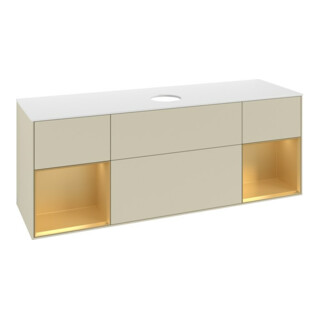 V&B Meuble sous lavabo Finion 160 cm, placage blanc mat, poignée dorée mate, gris soie mat