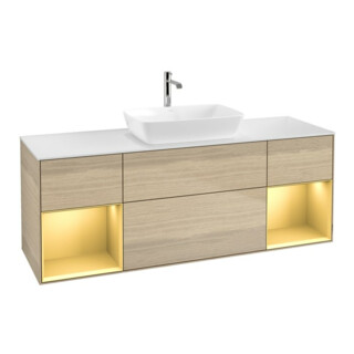 V&B Meuble sous lavabo Finion 160 cm, placage blanc mat, poignée or mat, façade venis