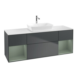 V&B Meuble sous lavabo Finion 160 cm, placage blanc mat, rangement ouvert mat laqué, médium bleu mat laqué