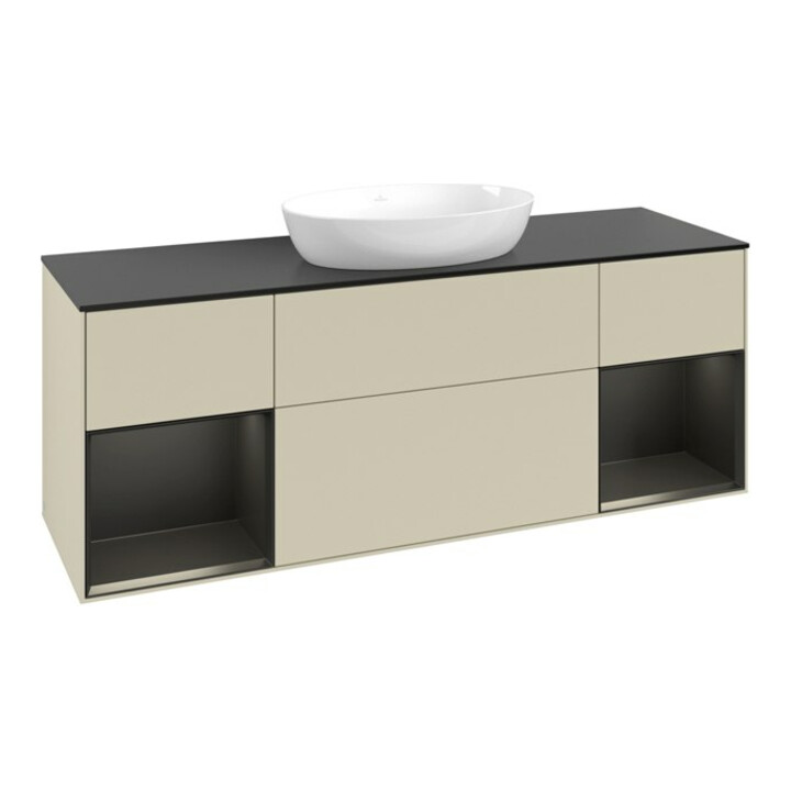 V&B Meuble sous-lavabo Finion 160 cm, placage blanc mat, régule bleu mat, poignée gris mat