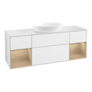 V&B Meuble sous lavabo Finion 160 cm, placage blanc mat, tiroir ouvert, blanc brillant laqué