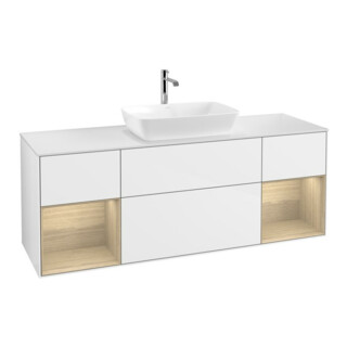 V&B Meuble sous lavabo Finion 160 cm, placage blanc mat, tiroir ouvert, blanc brillant laqué