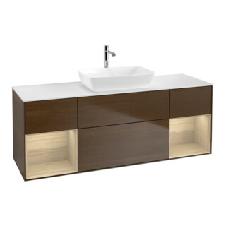 V&B Meuble sous lavabo Finion 160 cm, placage blanc mat, tiroir ouvert, placage noyer